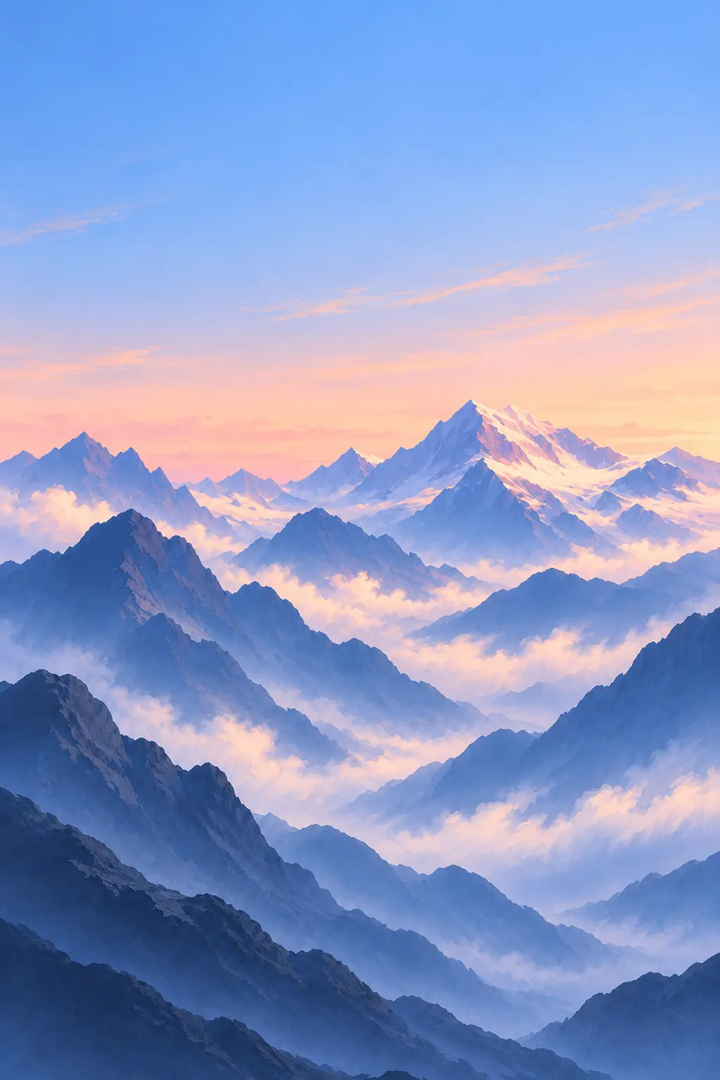 Painted mountains under a pink dawn sky, cloud in the valleys