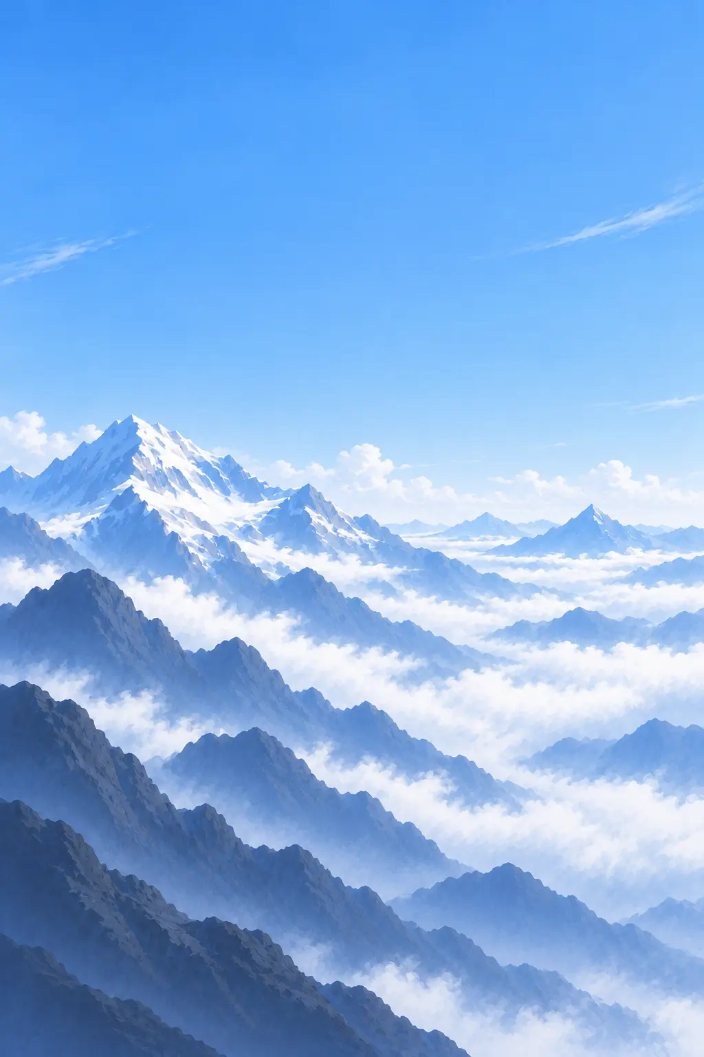Bright mountains with cloud drifting through the valleys