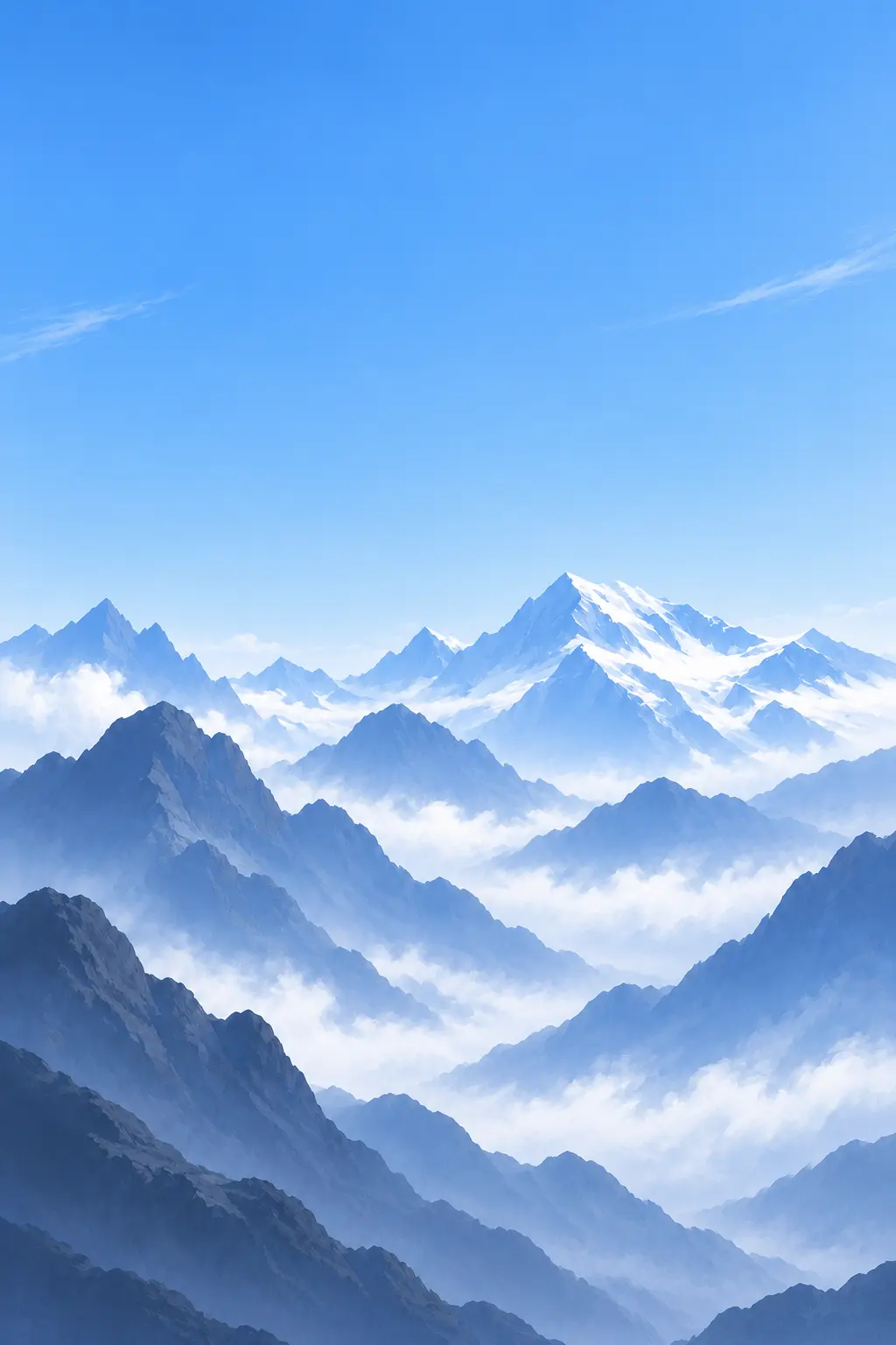 Snow peaks in clear blue morning light