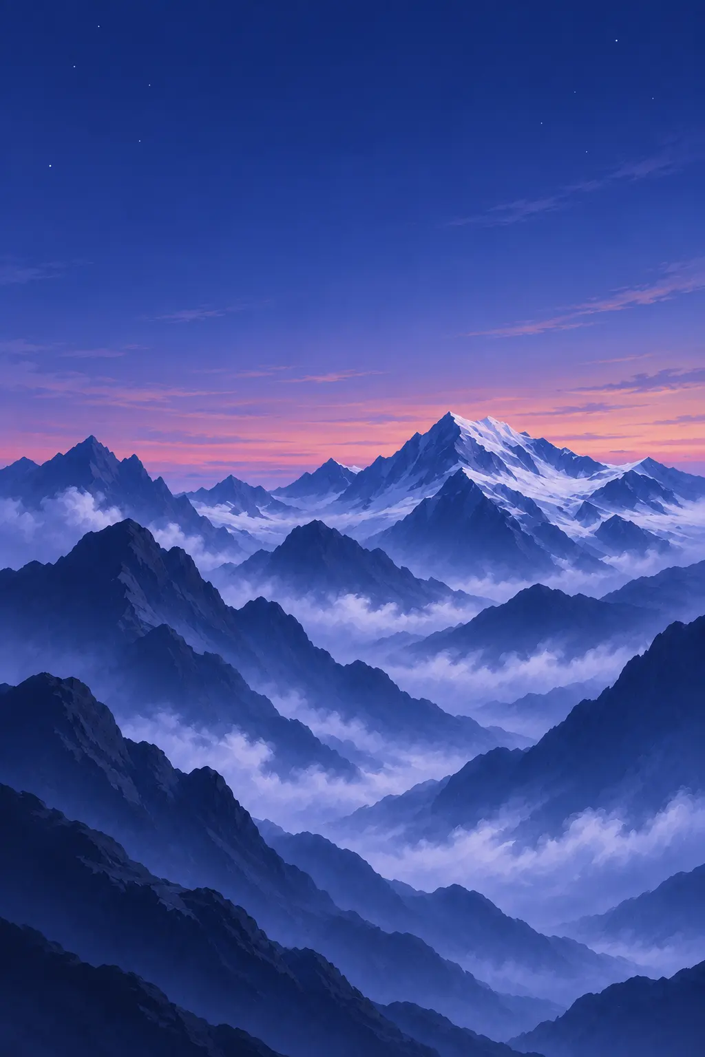 Mountains at dusk, a pink band of light along the horizon