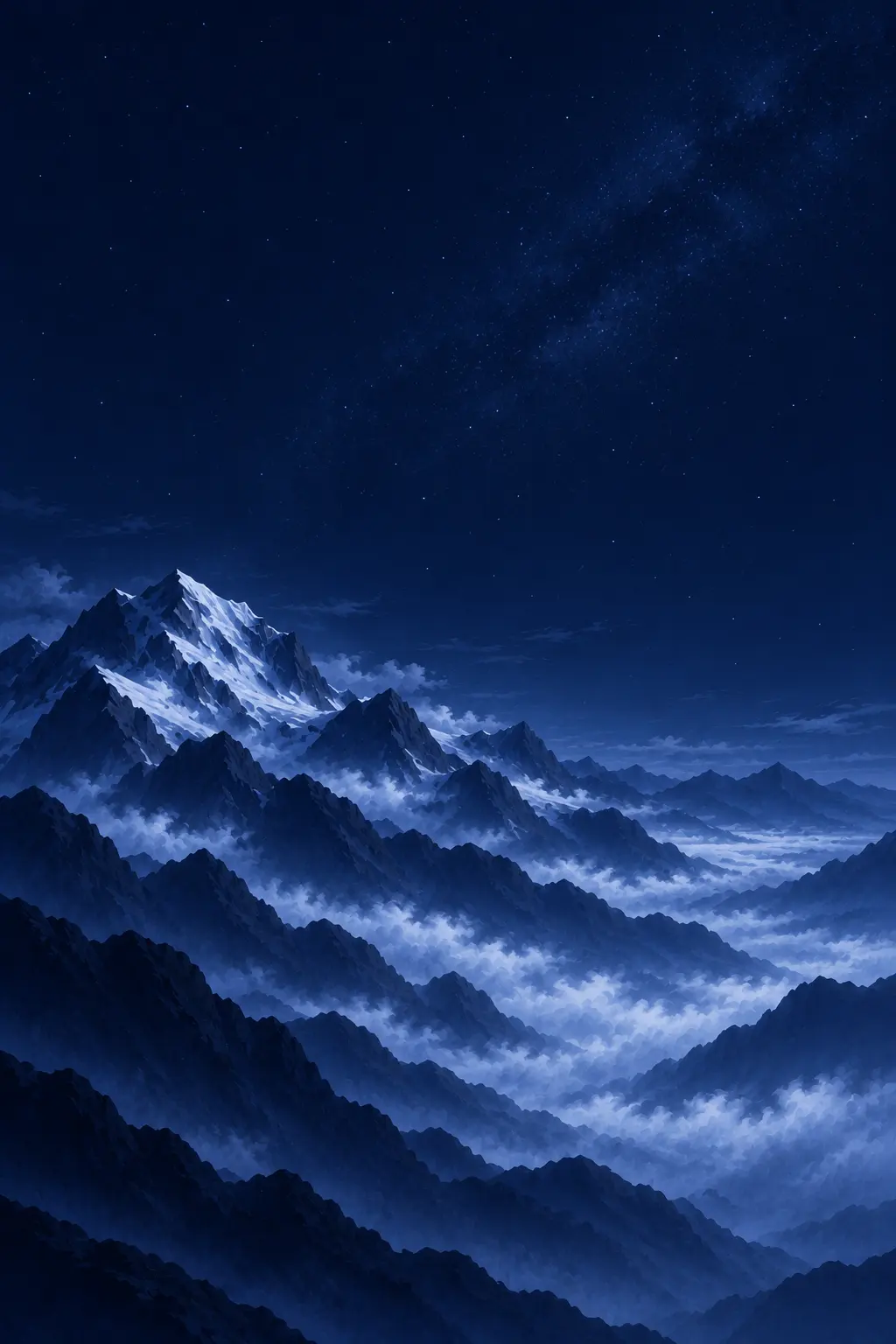 A full moon over snowy peaks and cloud