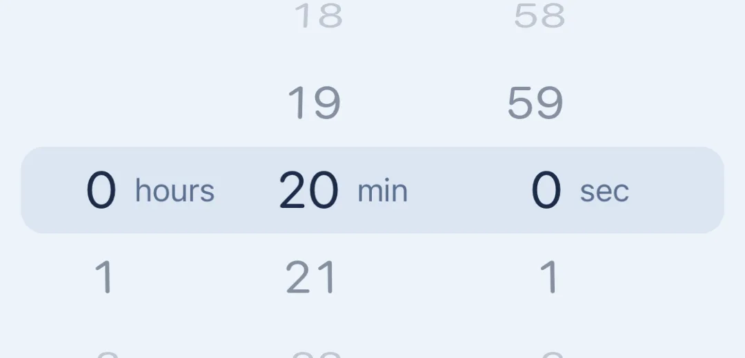 Yoin’s duration wheel set to 0 hours, 20 minutes, 0 seconds