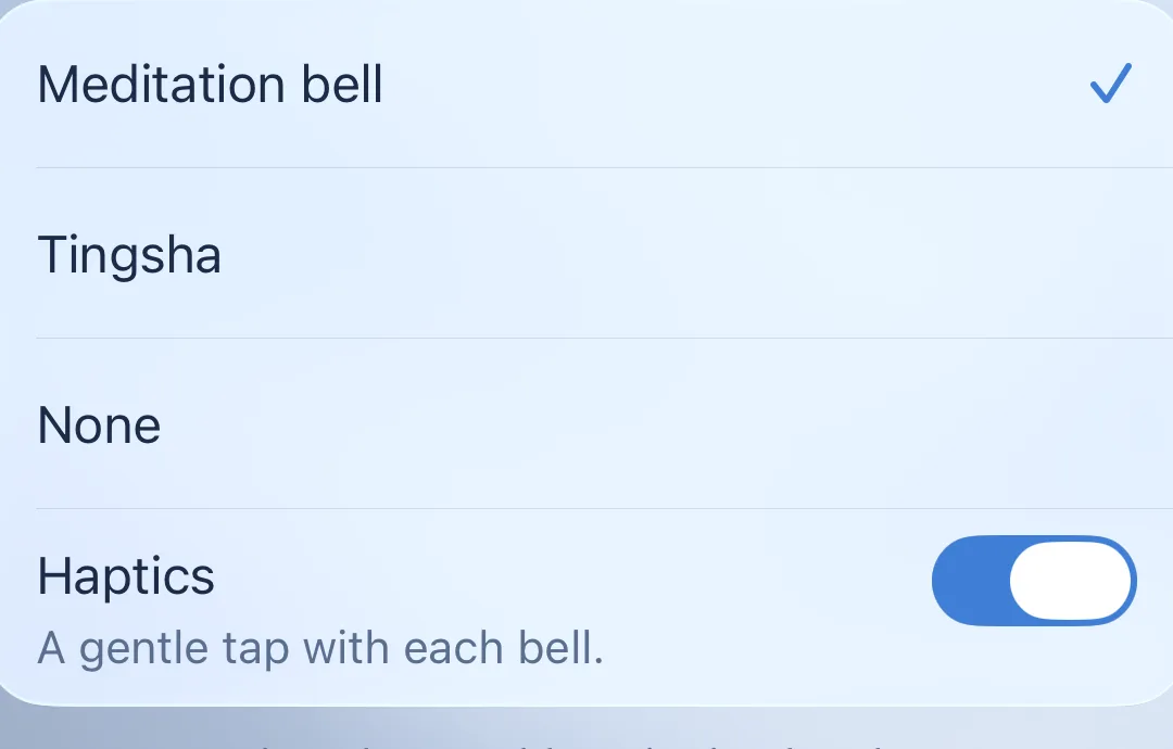 Yoin’s sound settings: meditation bell selected, haptics on